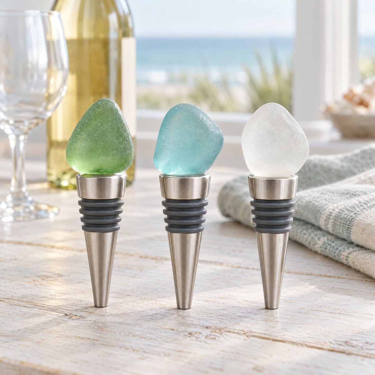 Sea Glass Bottle Stoppers (Set of 3)